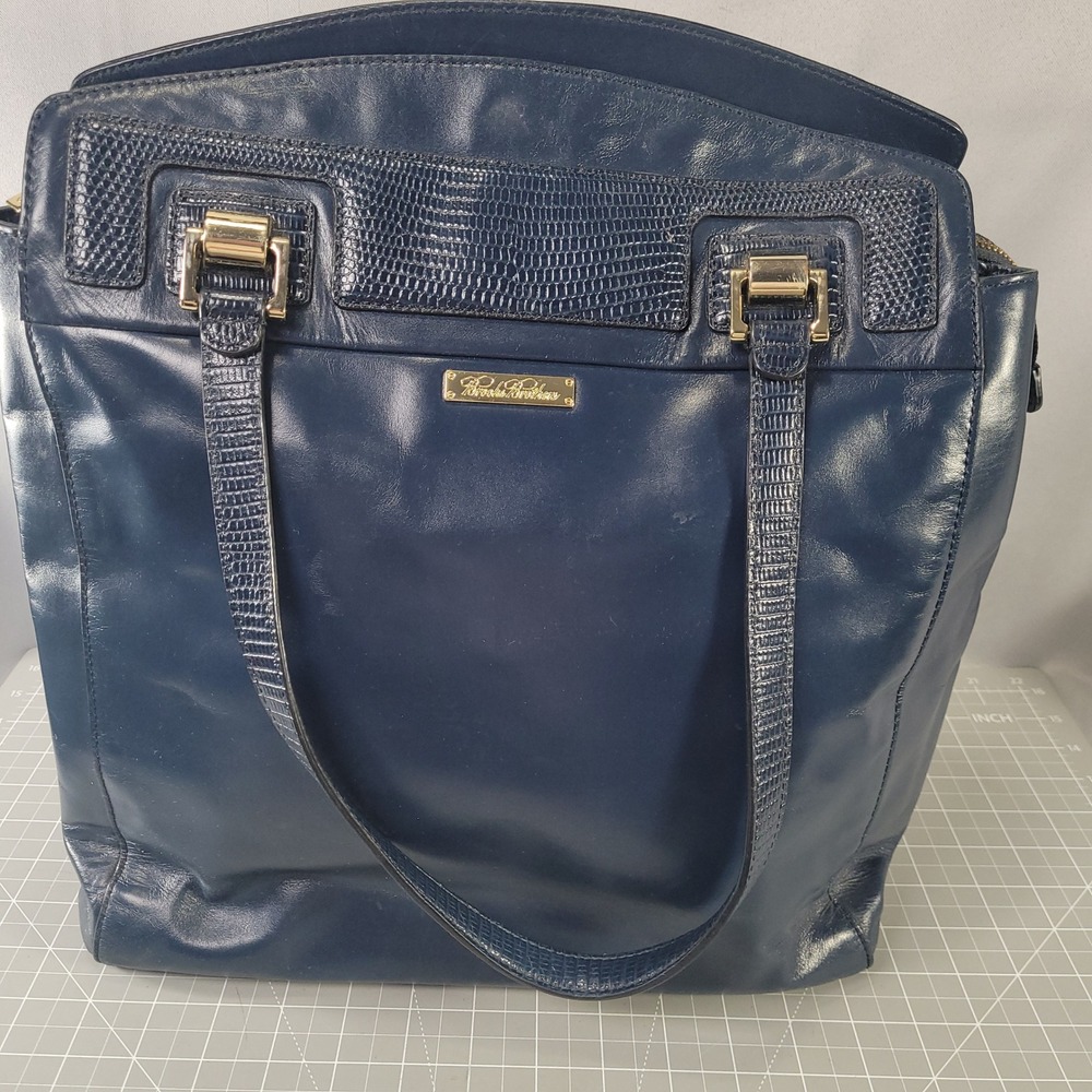 Brooks Brothers Handbag Womens Large Tote Bag Blue Leather Lizard Embossed Trim